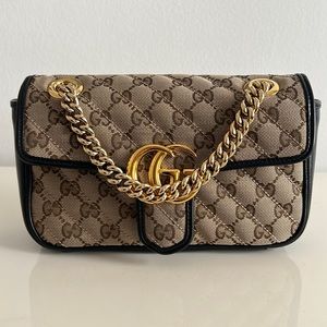 GUCCI Mini Marmont Beige Quilt Logo Handbag with Black Leather Trim